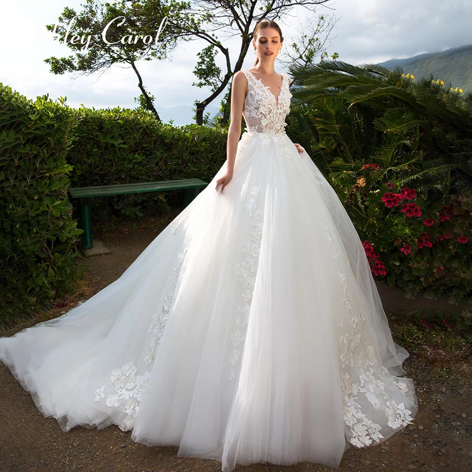 

Ashley Carol Sexy V-neck Beaded Appliques Backless Wedding Dress 2019 Court Train A-Line Bride Dresses Princess Wedding Gowns