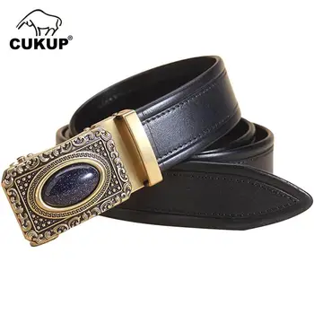 

CUKUP Top Quality Cow Genuine Leather Belt Men Unique Design Jade Decorative Automatic Buckle Metal Belts Accessories ZDCK242
