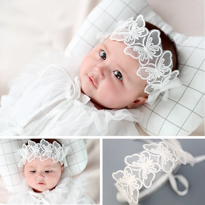 BalleenShiny/Кружевная повязка на голову с бабочкой для маленьких девочек; Детский головной убор; модная повязка на голову для принцессы; лента для фотосессии - Цвет: Белый
