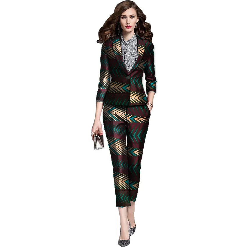 Elegant African print blazers with trousers women's set clothing Ankara fashion dashiki pant suits customized for ladies