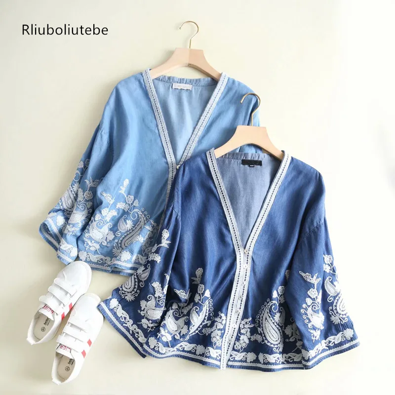 

denim jeans cardigan women poncho embroidery vintage drop-shoulder kimono blouse button up v neck kimono soft spring summer