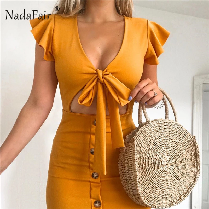 Nadafair, v-образный вырез, облегающее платье, винтажное, на шнуровке, с рукавом-бабочкой, мини, летнее платье, с вырезом, сексуальное, Клубное, для вечеринки, платья, желтый, красный