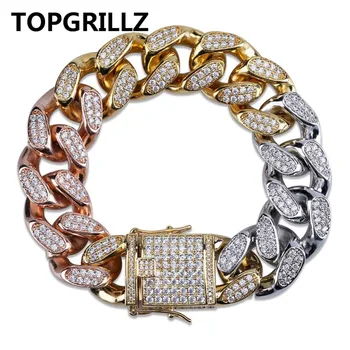 

TOPGRILLZ New Style Men's Gold Silver Plated Tricolor Iced Out Cubic Zircon Cuban Link Chain Bracelet Hip Hop Jewelry Gifts
