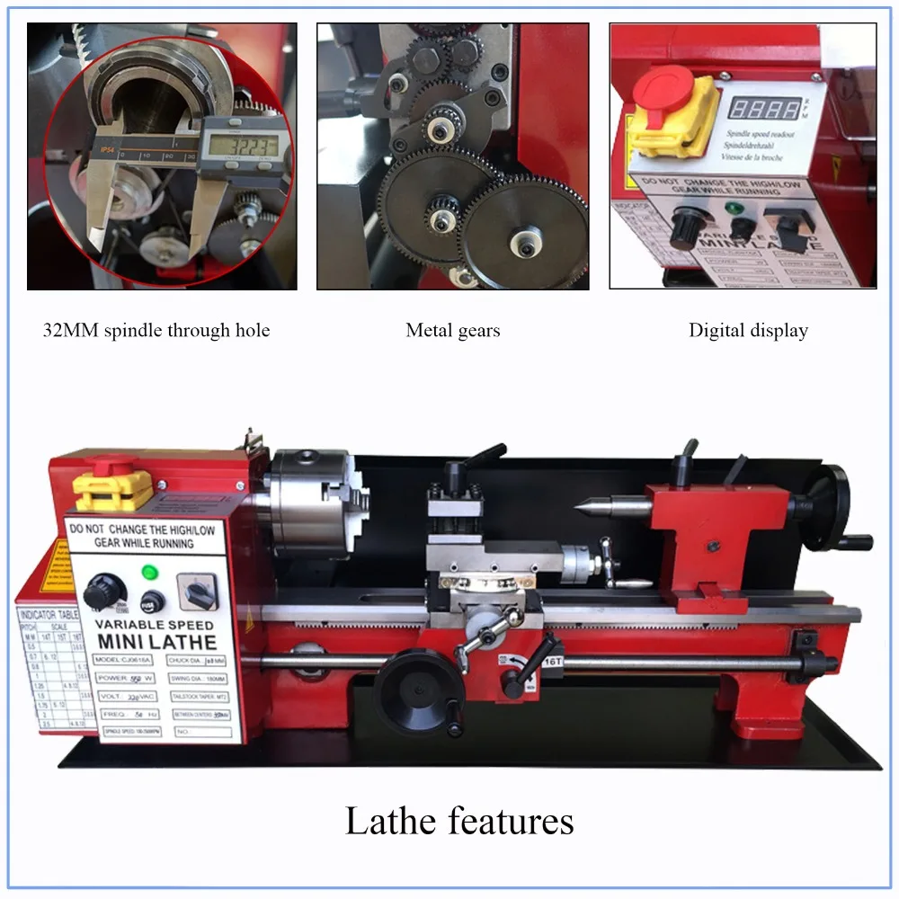 

All Metal Gears 550w Mini Lathe Machine Metalworking Digital Control Variable Speed Benchtop Milling 32mm Spindle Hole
