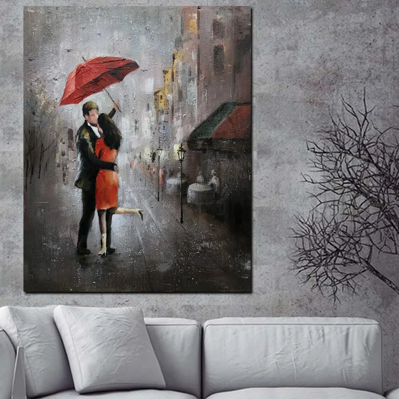   Romance Oil Painting Couple with Umbrella on Rainy Day