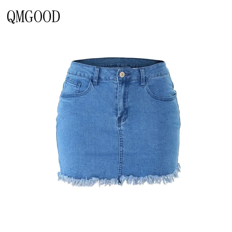 

QMGOOD Midi Skirts for Women for Summer Plus Size High Waist Tassels Zipper Skinny Casual Mini Denim Skirt New Pencil Skirt Blue