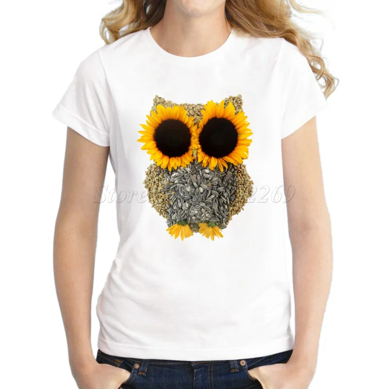 

New Fashion 3d Creative Sunflower Design Owl Women's Printed T shirt Novelty Owl You Need Is Love Basic Tops Girl's Funny Tee