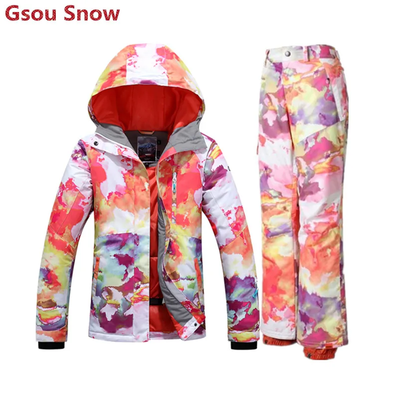 Gsou Snow brand womens winter suit ski suits female colorful snowboard jackets pants women veste pantalon ski femme