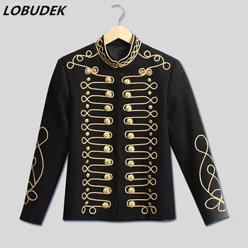 

Men's Black Embroidery Jacket double breasted Coat Prom party Male singer stage costumes Bar Host star performance outerwears