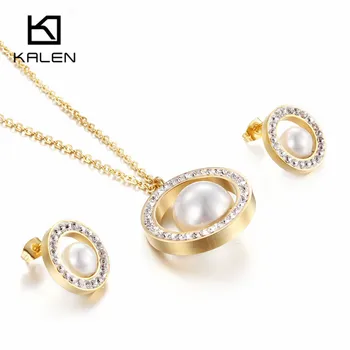 

Kalen Simulated Pearl Jewelry Set Women Chile Gold Color Stainless Steel & Rhinestone Round Pearl Pendant Necklace Earrings Set