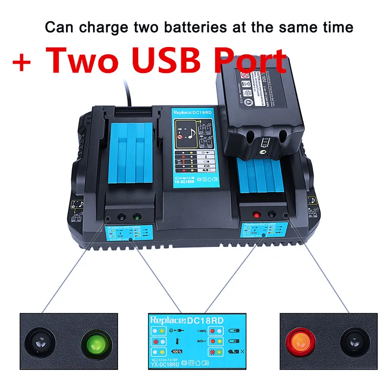 Светодиодный светильник 18 в двойное зарядное устройство для Makita BL1860 BL1815 BL1830 BL1835