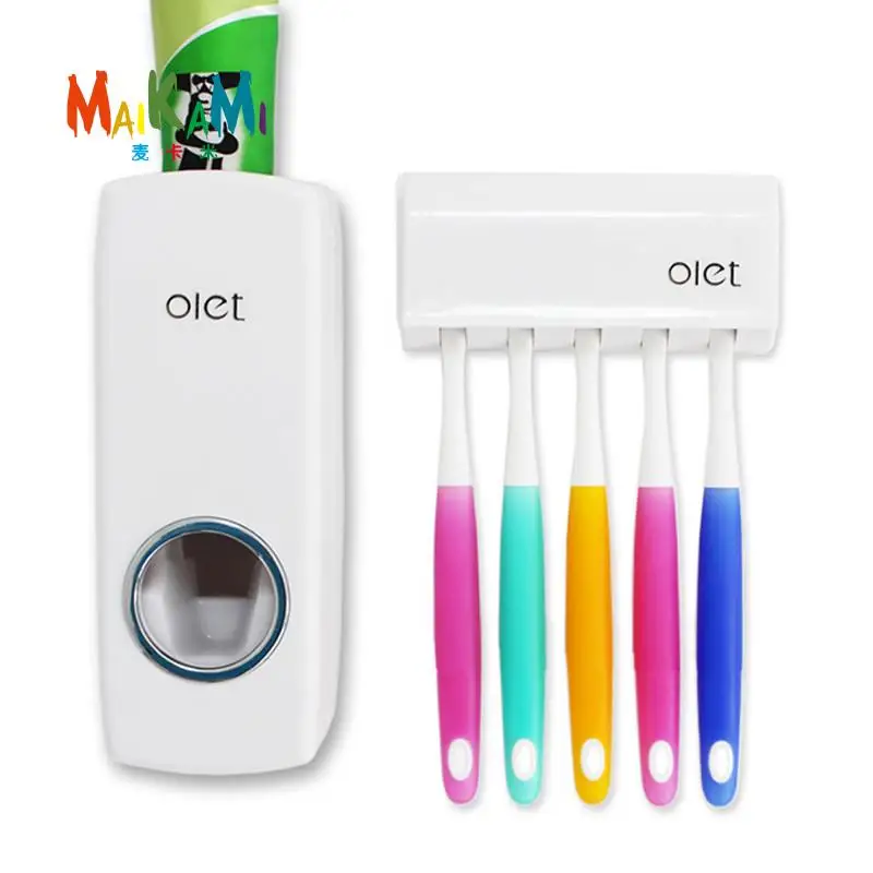 

1 Set Creative Automatic Toothpaste Dispenser with Toothbrush Holder Bathroom Water Resistant Sticky Toothpaste Squeezer