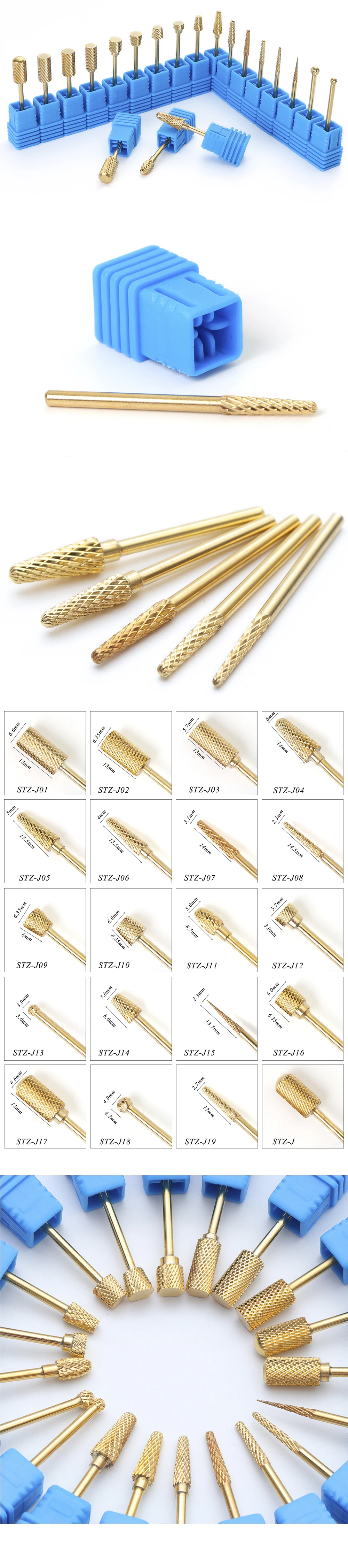 20 типов золотистого карбида сверла электрические сверла для ногтей металлический Резак для маникюра фрезы пилки для ногтей вращающиеся сверла аксессуары CHSTZ-J