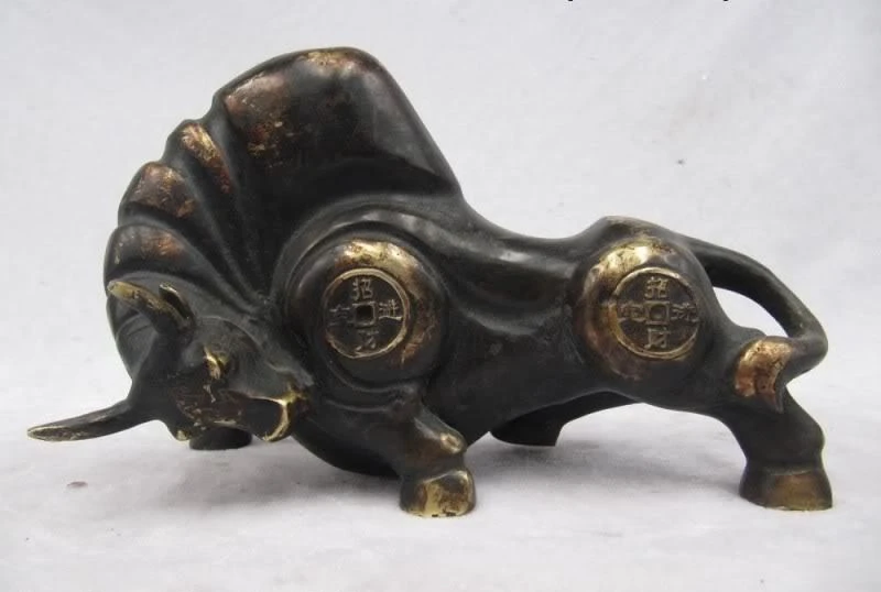 Chinese Folk Collection classical Old Bronze Lucky Money coin OX Bull statuary
