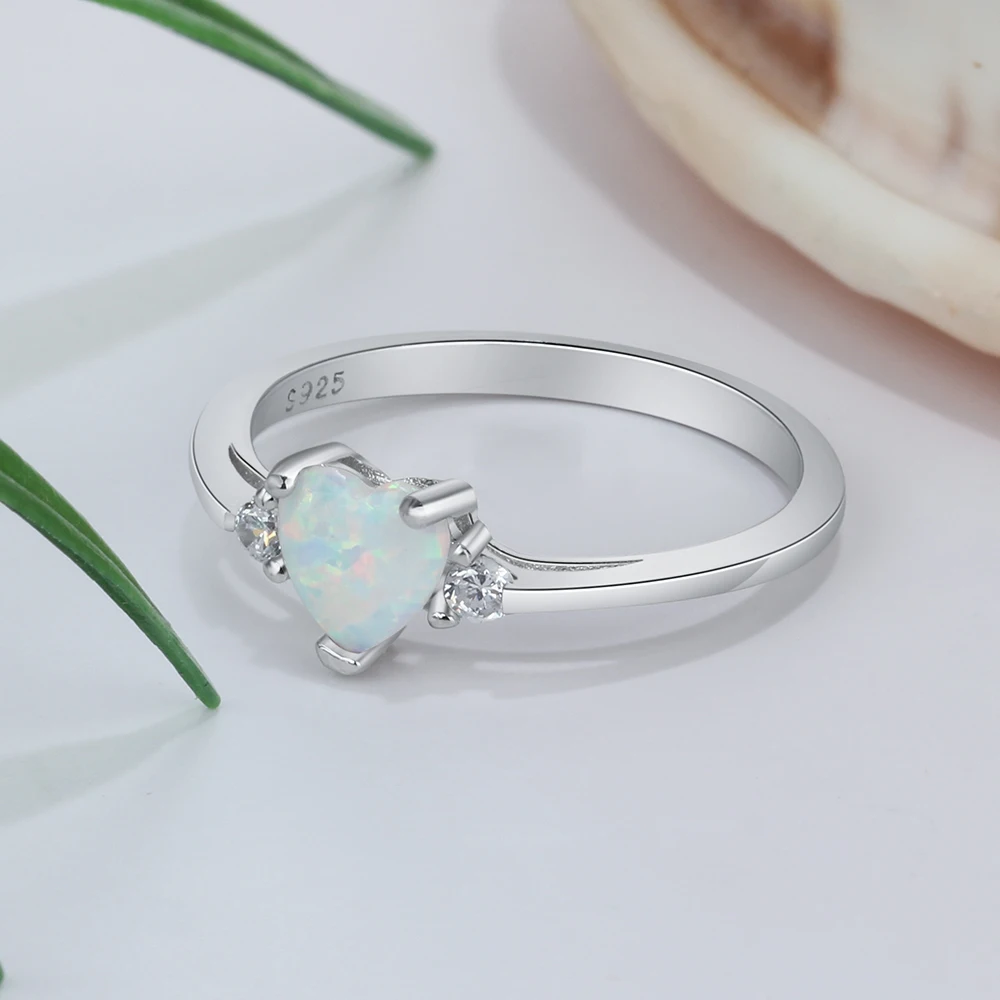Classic Eternal Heart 925 Sterling Silver Rings for Women Blue Pink White Opal Ring Female Engagement Finger Ring (Lam Hub Fong)