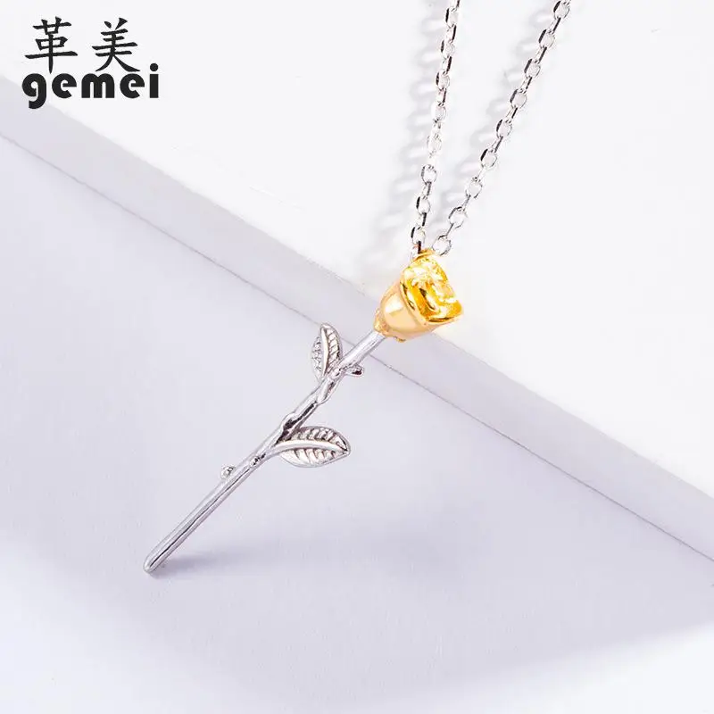 

Gemei 100% 925 Sterling Silver Yellow Rose Necklaces & Pendants For Women Valentine's Day Present Fashion Party Jewelry