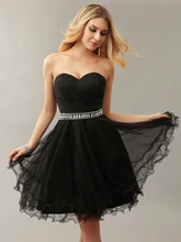 Sexy schwarz Eine linie Tüll Juniors Kurze Party Kleider Trägerlosen Schatz Knielangen Abendkleider Kristall Cocktailkleid cd10289