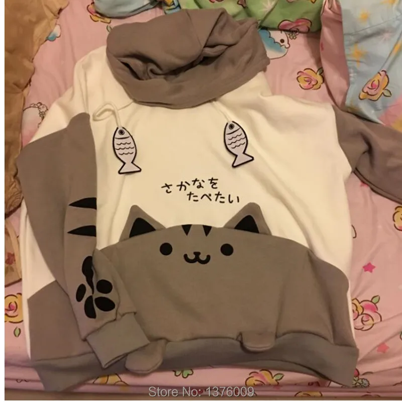Neko Atsume толстовка милый кот задний двор Kawaii кошачьи уши теплые толстовки Japanease