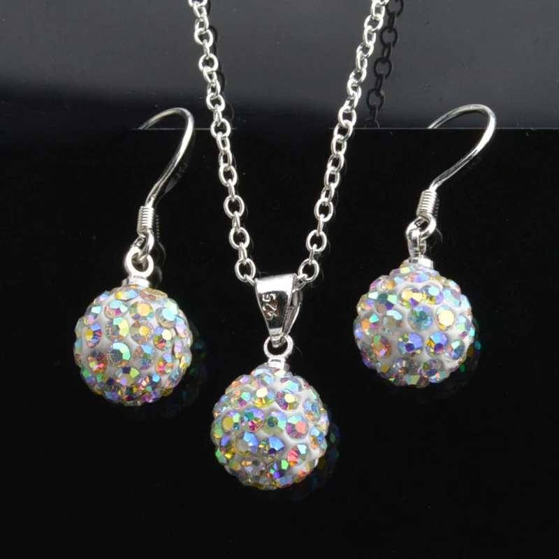 

Brand Female Jewelry Set Women's Fashion Ab White Crystal 10mm Ball Drop Earrings Necklace Pendant Set Silver Color Wholesale