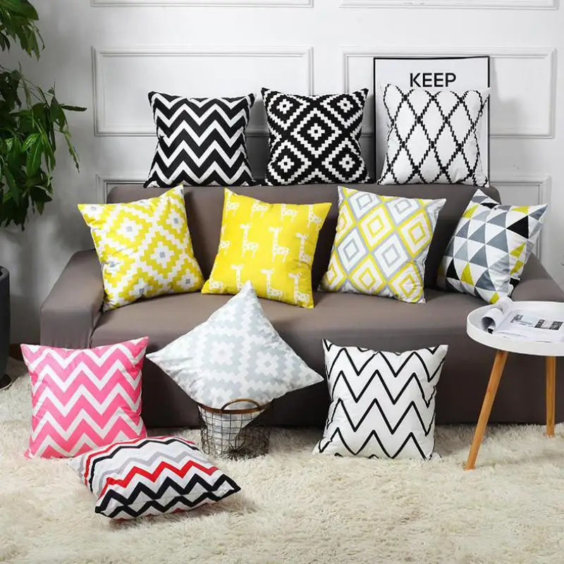 

Yellow Cushion Cover Black And White Geometric Triangle Rhombus Wave Abstract Art Throw Pillow Cases For Living Room Chair Decor
