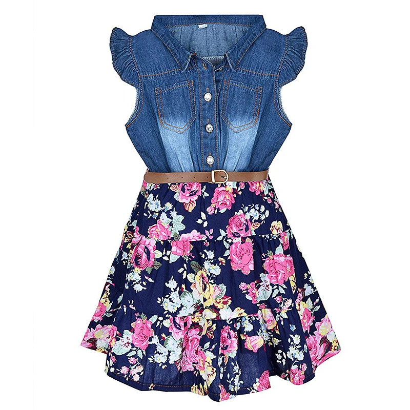 

Floral Swing Ruffle Dresses with Belt Little Girls Princess Denim Dress Girls Casual Summer Clothes One-Piece 2 3 4 5 6 7 8years