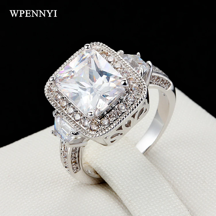 

Brand Design White Gold Color Rectangle Clear Cubic Zirconia Luxury Woman Finger Ring Wholesale Gift