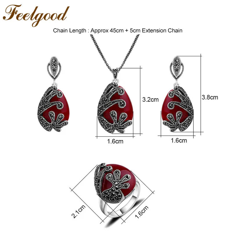 Feelgood уникальный серебряный цвет антикварный ювелирный набор красный камень и кристалл Винтажные Ювелирные наборы для женщин свадебный подарок