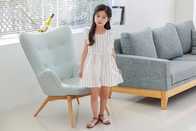 Yeediosn Summer Beach Kids Dresses For Girls Cotton Striped Girls Princess Dress Sleeveless Ruffles Children White Girl Costume (6)
