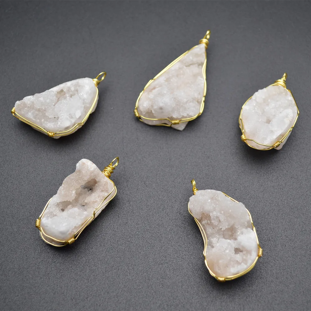 

Handmade Gold Color Wire Wrapped Natural White Druzy Crystal Freeform Stone Pendant