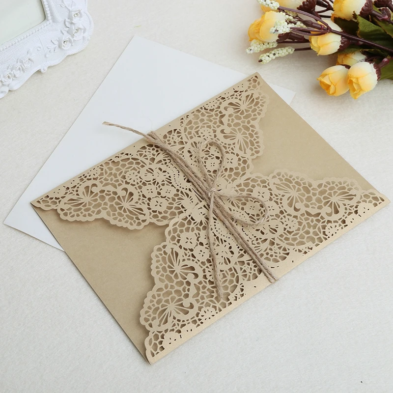  10pcs Sample Hollow Laser Cut Wedding Invitations Card Personalized Custom with Ribbon Envelope Del - 32911433545