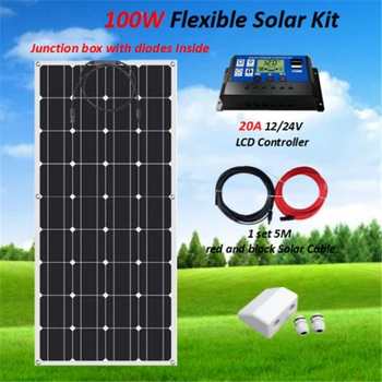 

Flexible Solar Panel 100W System + PWM 20A Solar Controller + 5M Solar Cable + Cable Entry Cover for RV Boat off Grid