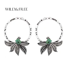 Дикие и свободные винтажные круглые серьги-гвоздики с листьями, античное серебро, Женские уникальные дизайнерские весенние серьги из сплава с зеленым камнем, модные ювелирные изделия