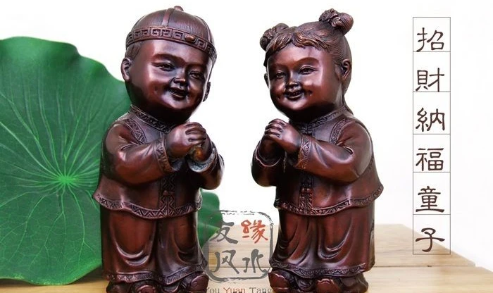 

Chinese Feng shui Red Bronze Boy Girl Lucky Boy blessing Auspicious Statue