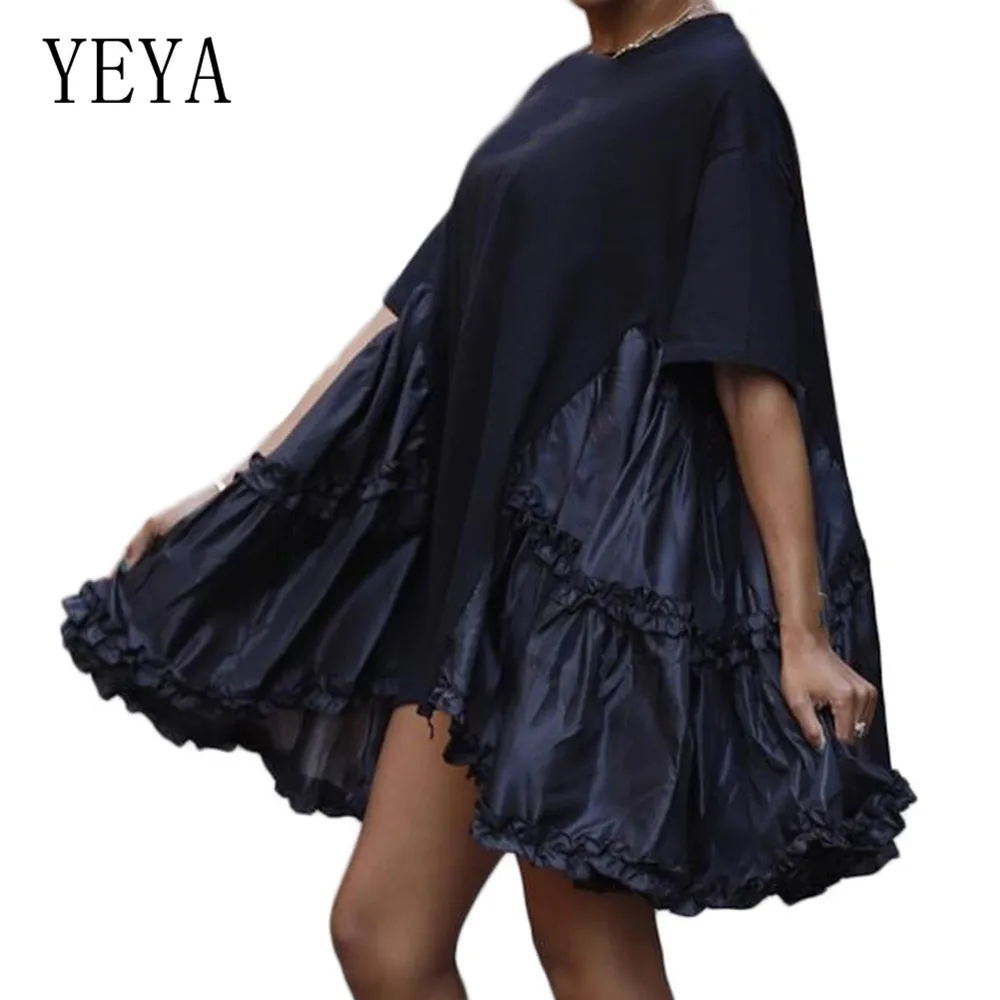 

YEYA Summer Casual Loose Dress Elegant O-neck Short Sleeve White Black Mini Dress Women Leisure Party Overalls Female Clothing