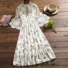 Mori menina doce vestidos de verão feminino floral impresso longo chiffon vestido feminino bowknot manga curta babados longo