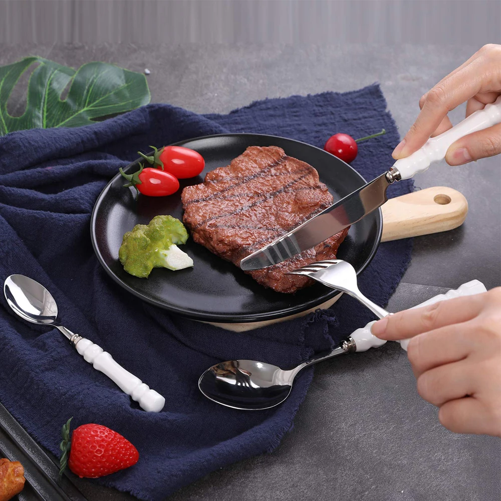  24PCS Cutlery Flatware Set Stainless Steel & Ceramic Tableware Food Set Knife Fork Spoon for Kitche - 32964443559