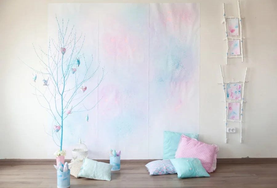 

Laeacco Photo Backdrop Gradient Solid Blue Color Wallpaper Heart Flower Heart Pillow Baby Birthday Photo Background Photo Studio