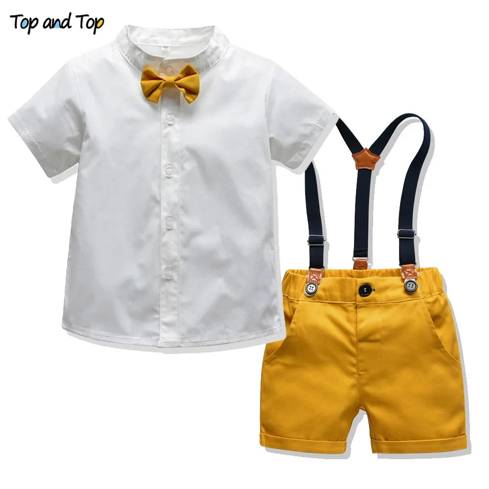 Топ и топ, летний детский комплект повседневной одежды для мальчиков, хлопковые топы с короткими рукавами и галстуком-бабочкой+ шорты на подтяжках Детский Костюм Джентльмена