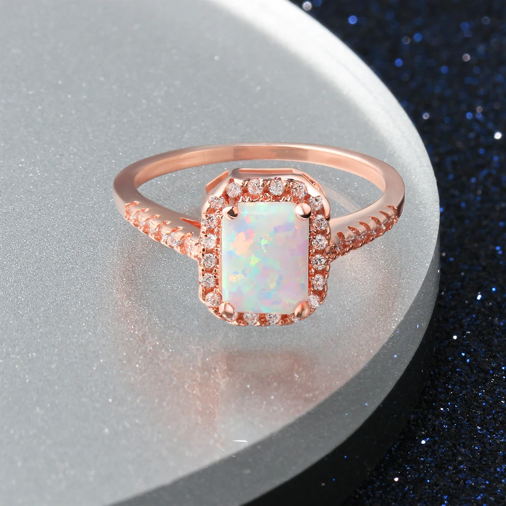 Rectangle Opal With CZ 925 Sterling Silver Women's Ring Rose Gold Color Wedding Engagement Jewelry For Her (JewelOra RI102969)