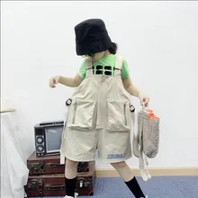 Одежда для маленьких девочек комбинезоны летние футболки в стиле «хип-хоп», Свободные Комбинезоны детское шоу одежда с надписью «Карманный нагрудник Штаны От 4 до 12 лет ws730