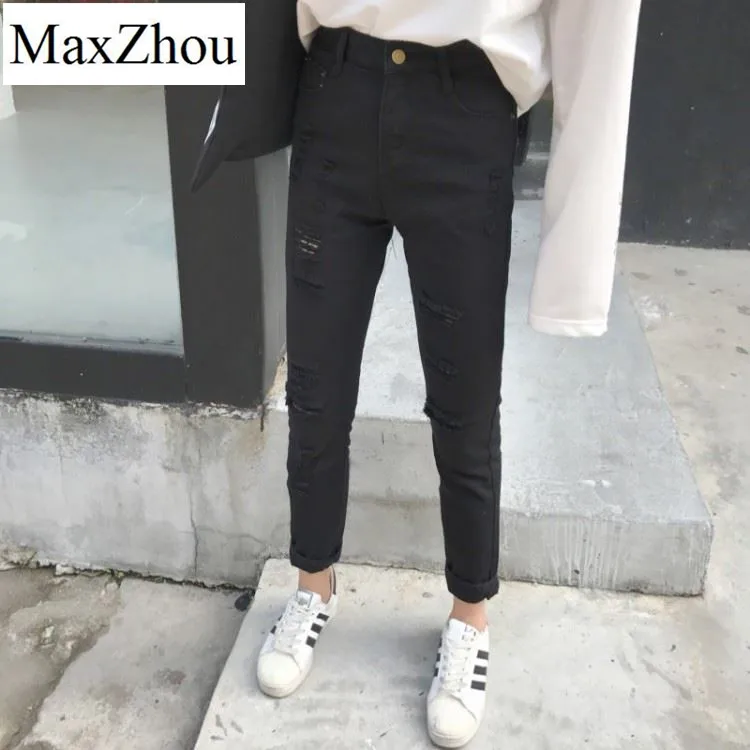 MaxZhou 2017 New Female Black Hole Jeans Casual All match Nine Pants