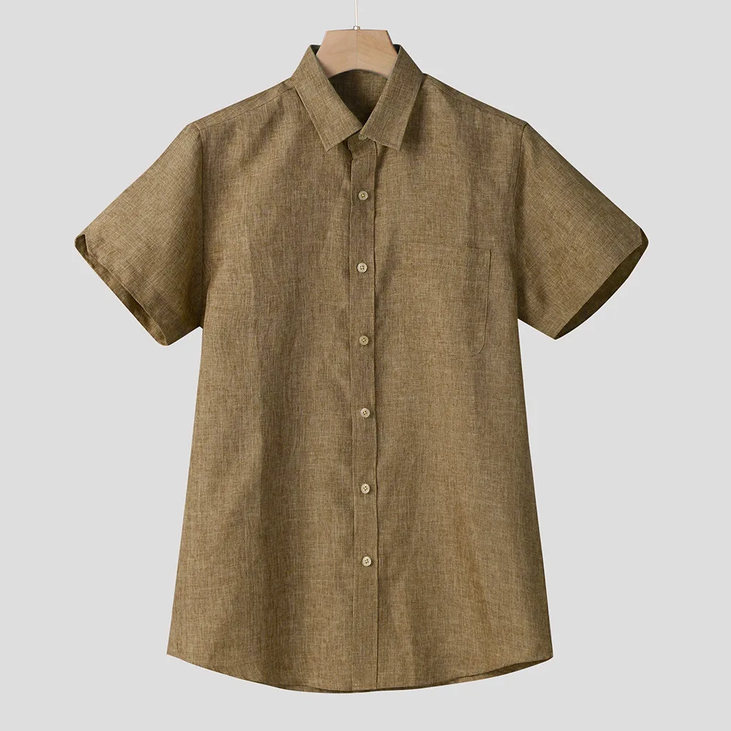 Men Cotton Linen Shirts Solid Casual Streetwear Short Sleeve Shirt Male Shirt Camisas Hombre Chemise Men's Shirts Top Clothes - Цвет: Хаки