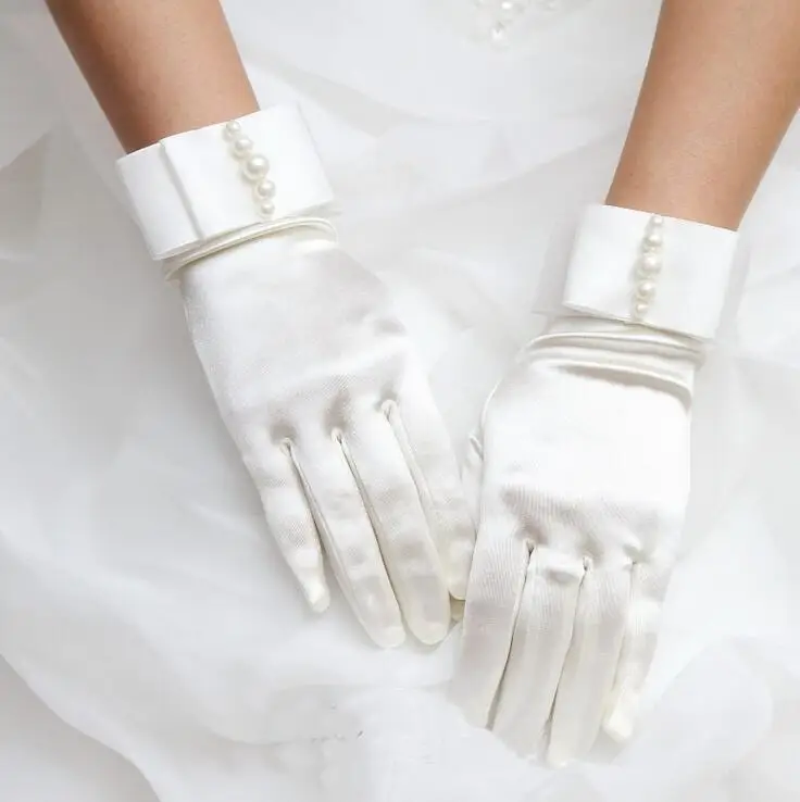 

Women's pearl beaded elastic satin glove lady's short sunscreen glove female dancing performance glove R379