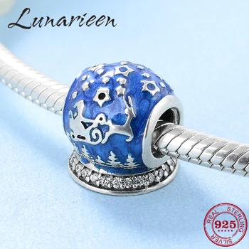

925 Sterling Silver Santa Claus and deer blue Enamel wish ball beads Fit Original Pandora Charm Bracelet Jewelry making