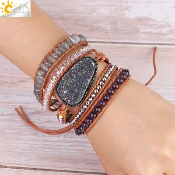 

CSJA Big Mineral Stone Druzy Bracelet Natural Gems Beads Wrap Bangle Purple Quartz Boho Punk Rock New Arrival Jewelry S350