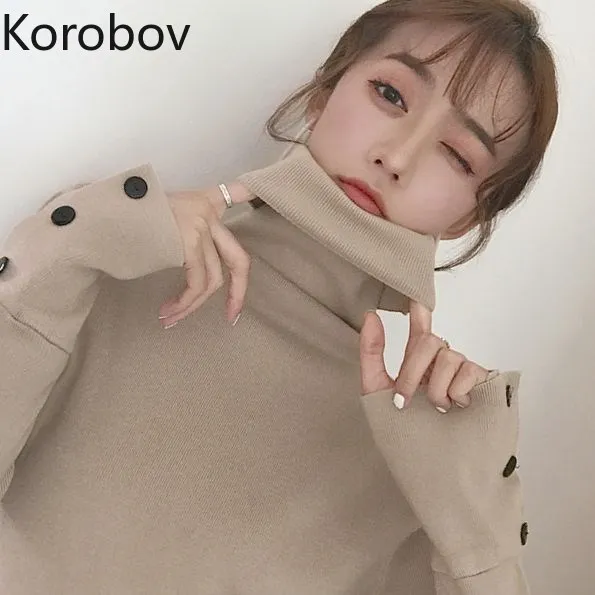 

Korobov Korean Button Turtleneck Sweater Pullovers Long Sleeve Solid Korean Sueter Mujer Knitted Slim Basics Jumper Femme 78582