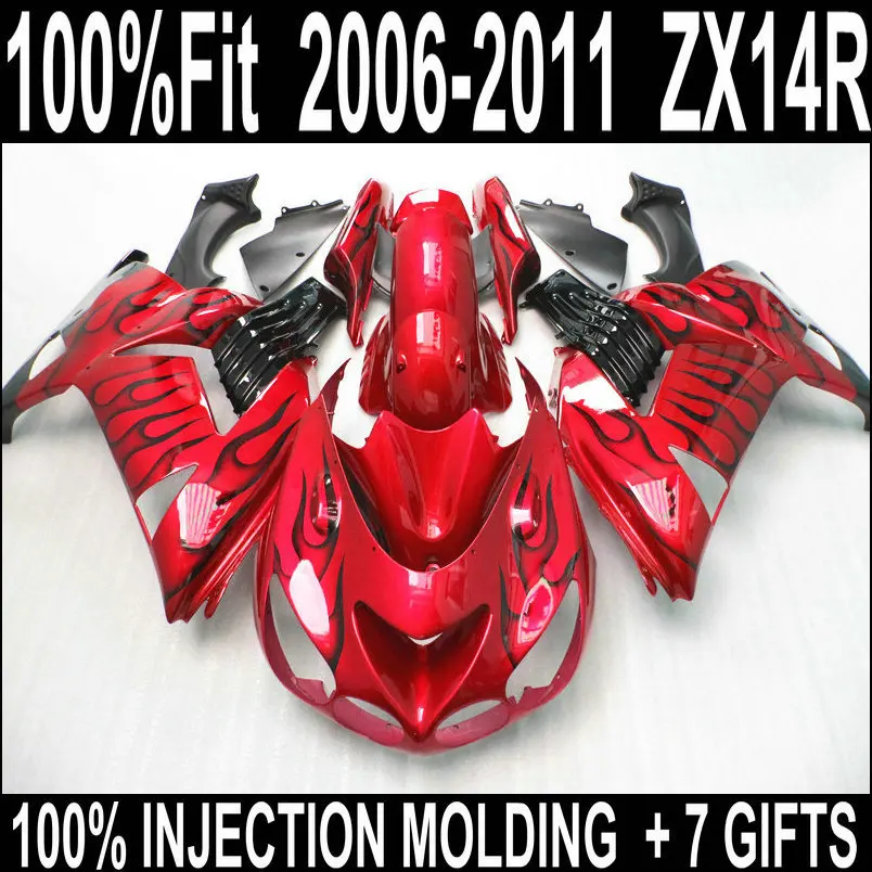 

NEW HOT fairing for 06 07 08 09 10 11 Kawasaki zx14r fairing kit 2006-2011 free custom Ninja red with black flames ZX-14R HU867