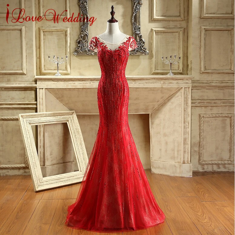 

New Hot Red Long Mermaid Prom Dress 2017 Sexy Cap Sleeve Zipper Back Evening Gowns Lace Appliqued Vestidos Party Dresses
