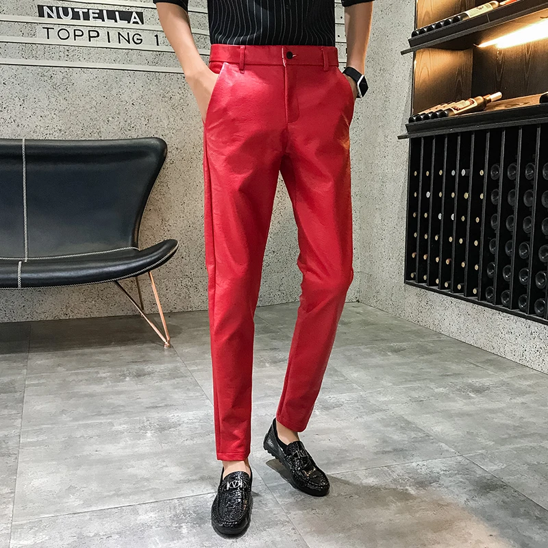Новинка; повседневные кожаные брюки; Pantalones Hombre; модные деловые мужские штаны; повседневные облегающие брюки; мужские брюки до щиколотки - Цвет: red