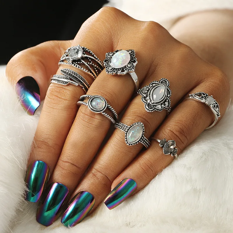 SexeMara Boho Stylish Silver Color White Colorful Opal Knuckle Midi Ring Set for Women Metal Leaf Carving Finger Rings 8pcs/set | Украшения